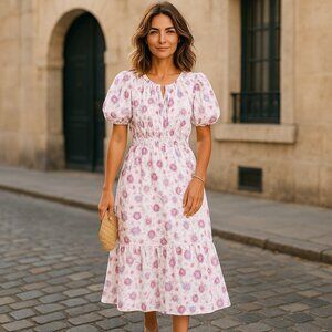 Derek Lam Collective Nordstrom Dress sz 52/US 3XL Floral VNeck Puff Sleeves Midi